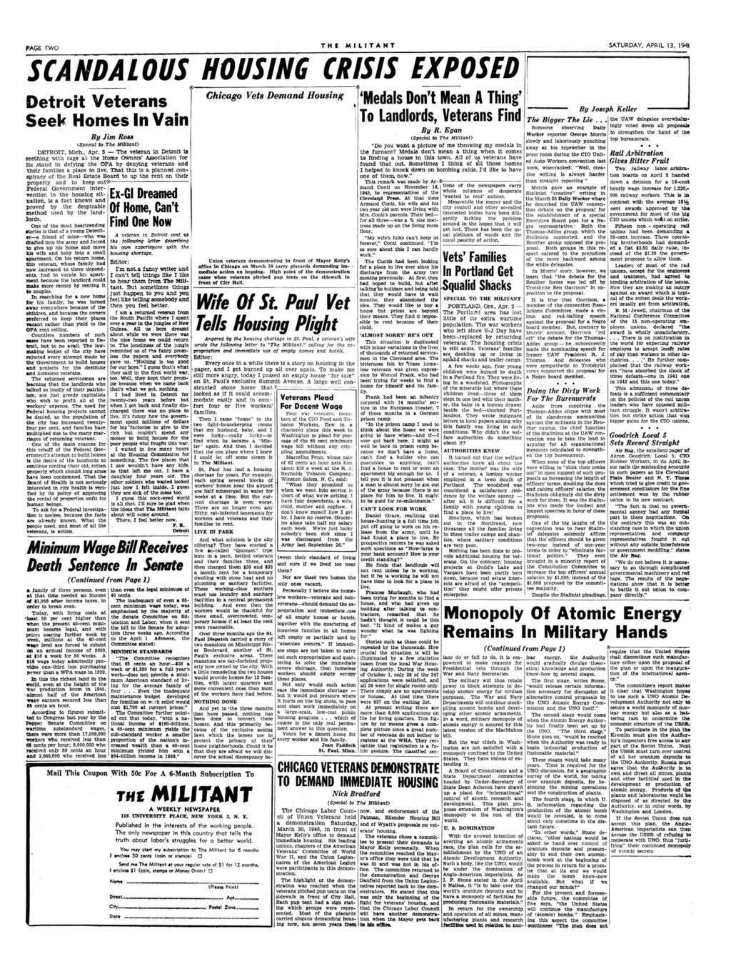 PAGE TWO THE MILITANT SATURDAY, APRIL 13, 1941 SCAN DALOUS HOUSING CRISIS EXPOSED Detroit Veterans Seek Homes In Vain By Jim Ross (Special to The M ilita nt) DETROIT, Mich., Apr.