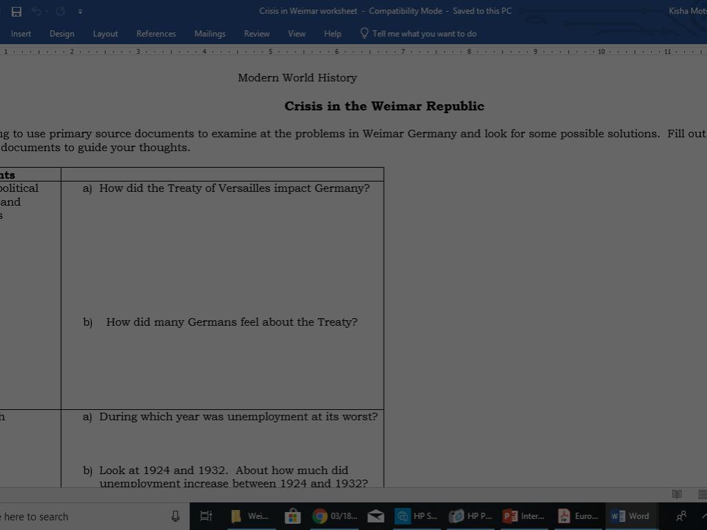 ACTIVITY 03/18/19 In groups of 2, you will work on The Weimar Republic Station Activity.
