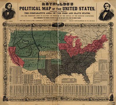 Slave states (gray), Free states (pink), U.S.