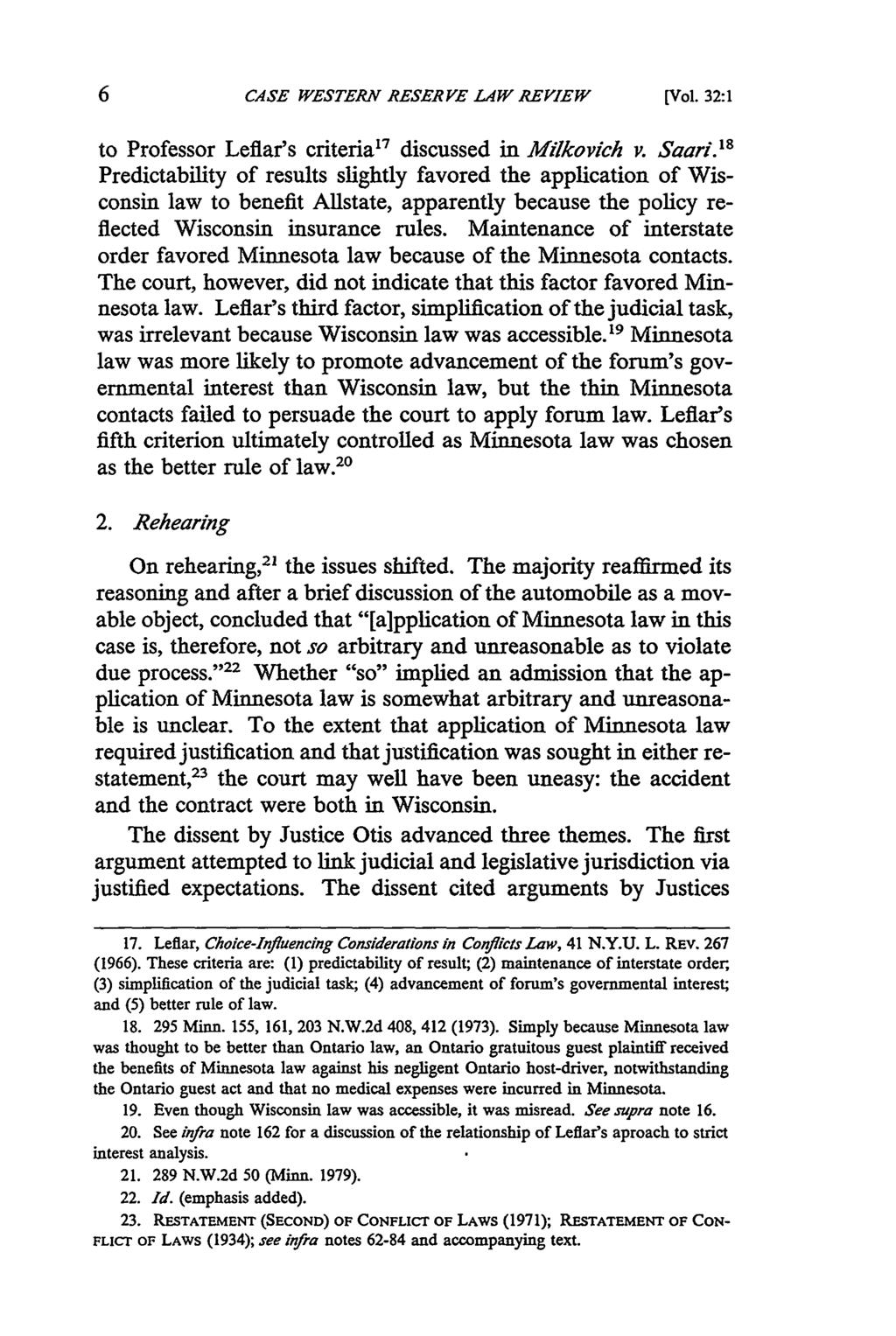 CASE WESTERJ NRESER VE LAW REVIEW [Vol. 32:1 to Professor Leflar's criteria 7 discussed in Milkovich v. Saari.