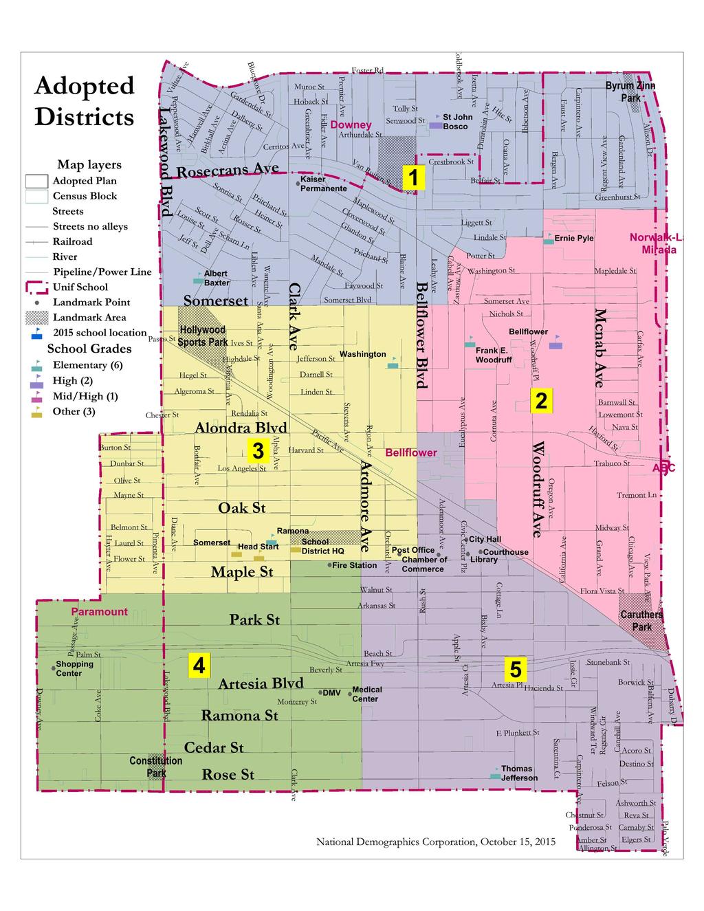 Adopted Districts Map layers Adopted Plan Census Block Streets Streets no alleys Railroad River Pipeline/ Power Line 7J Unif School Landmark Point Landmark Area i 2015 school location School Grades