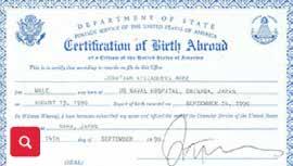 Certification of Report of Birth issued by the Department of State (Form