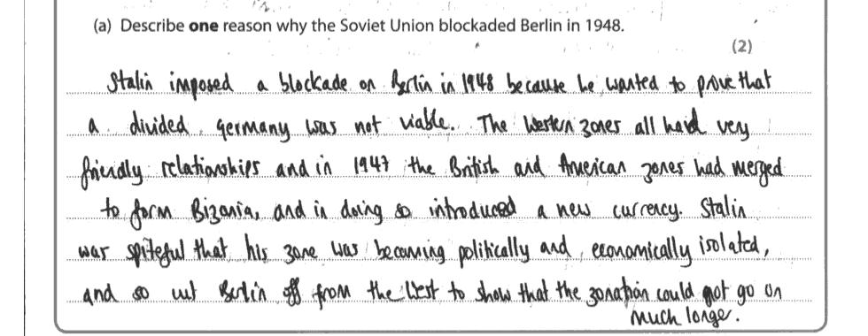 Question 4 (a) This response was a question that many candidates struggled with. The most common error was confusion with the Berlin Wall and events in 1961, the brain drain, etc.