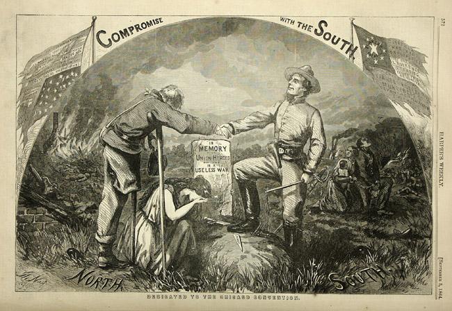 This Thomas Nast cartoon, published in 1864, suggested that compromising with the South was tantamount the United States government was betraying the Union dead. Image courtesy Library of Congress.
