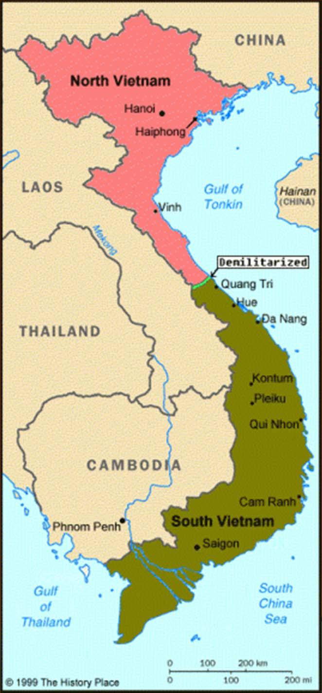Vietnam Divided: Vietnam was divided (similar to Korea) along the 17th Parallel North = Communist / South = Pro-West Ho Chi Minh was a true communist and made popular
