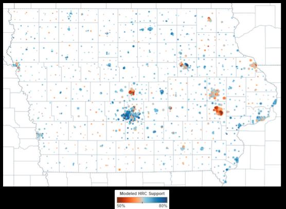 50% 80% Iowa support by precinct Each dot on the map to the left represents a precinct.