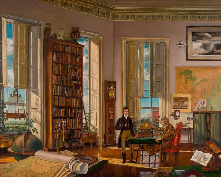 The Age of Jefferson Begins Basics This painting shows Thomas Jefferson in his office in the White House in 1803. Standing before him is his personal secretary, Meriwether Lewis.