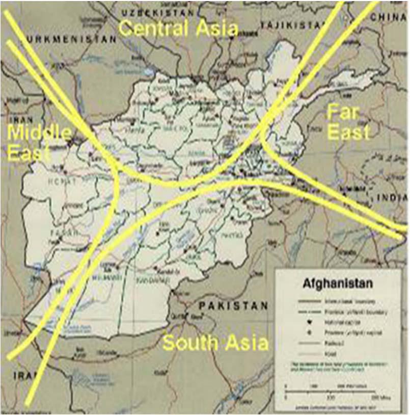 Afghanistan s central location from a land-locked to a land-linked country Afghanistan is located at the convergence point of four of the most populous and resource-rich regions in the world: South