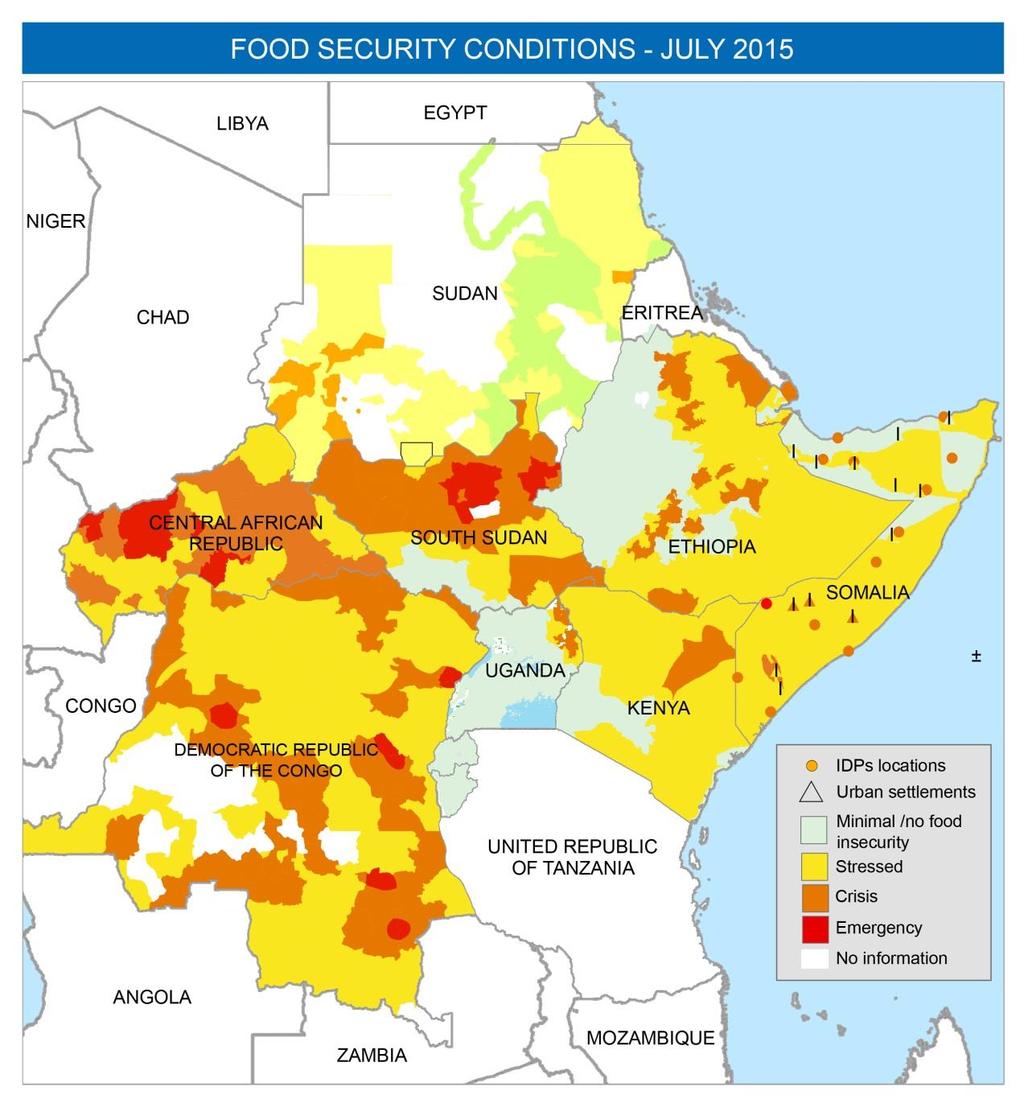 Food insecurity Food insecurity and malnutrition: Crisis and emergency food insecurity remains a concern in parts of DRC, CAR, South Sudan, Ethiopia, northeastern