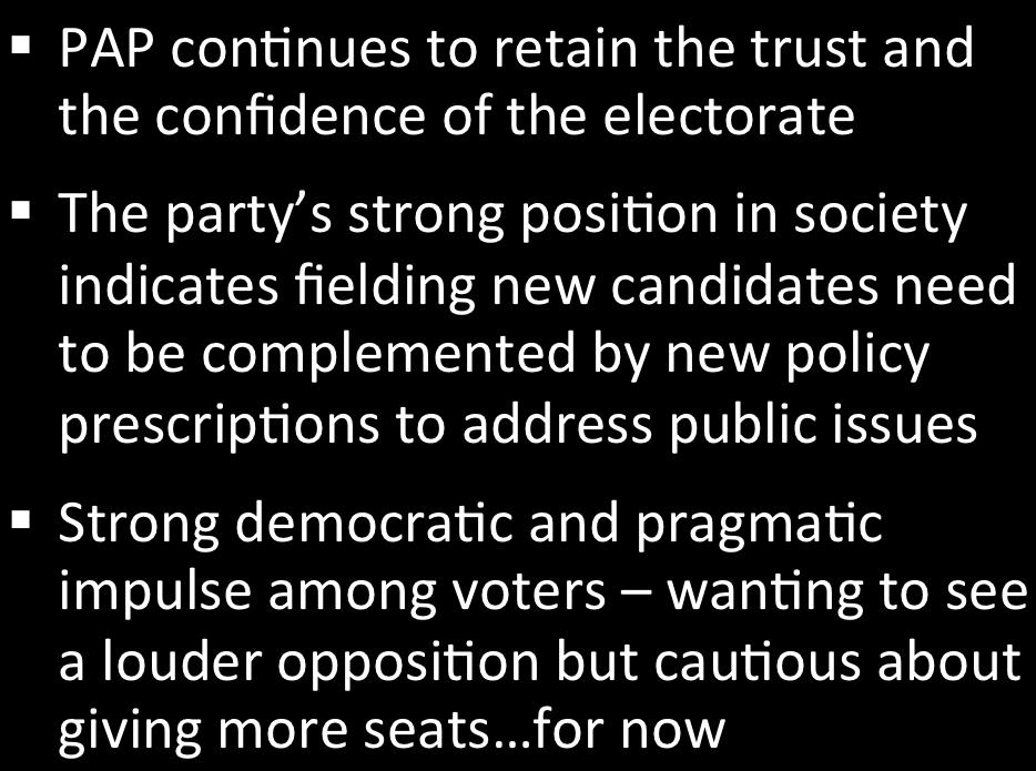 Conclusions Main findings and take out points Factors PAP con5nues to retain the trust and the confidence of the electorate The party s strong posi5on in society