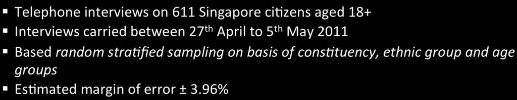 Introduction Survey Specs Telephone interviews on 611 Singapore ci5zens aged 18+ Interviews carried between 27 th April to 5
