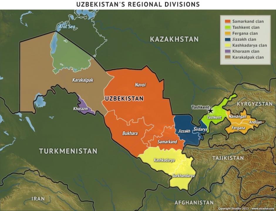 (Courtesy of www.stratfor.com) Uzbekistan is divided among seven clans. Surveys suggest that Uzbeks self-identify by clan, religion and nation, in that order.
