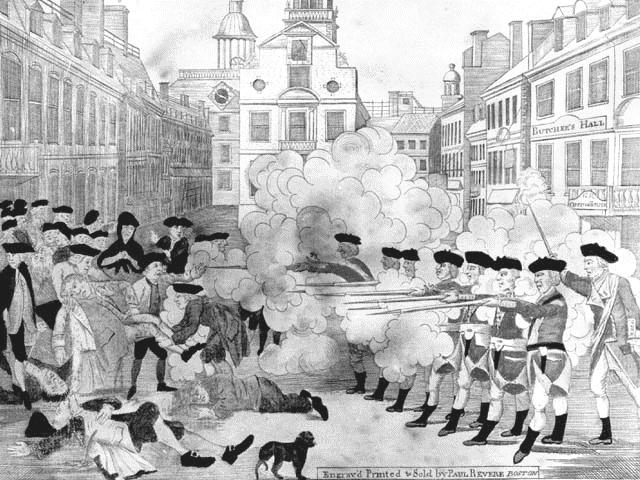 Document 4: The Boston Massacre 1. According to this image, how did the British treat the colonists who were gathered outside the Boston Custom House?