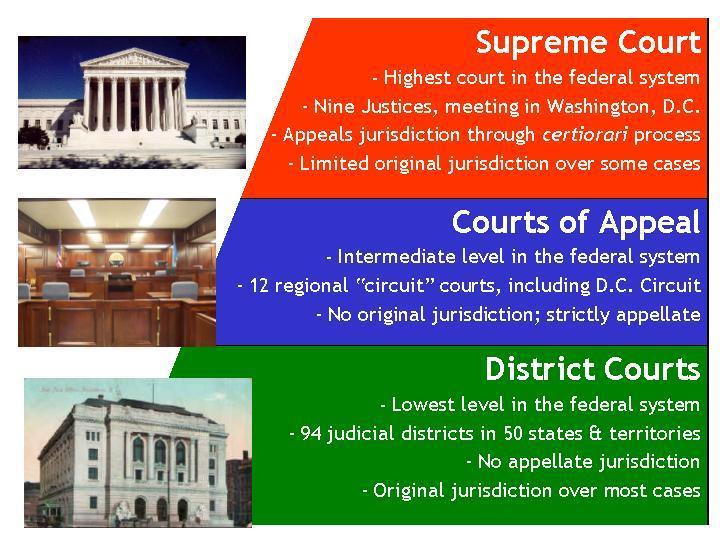 Structure of the Federal Courts District Courts: the entry point for most litigation in federal courts, trial courts.