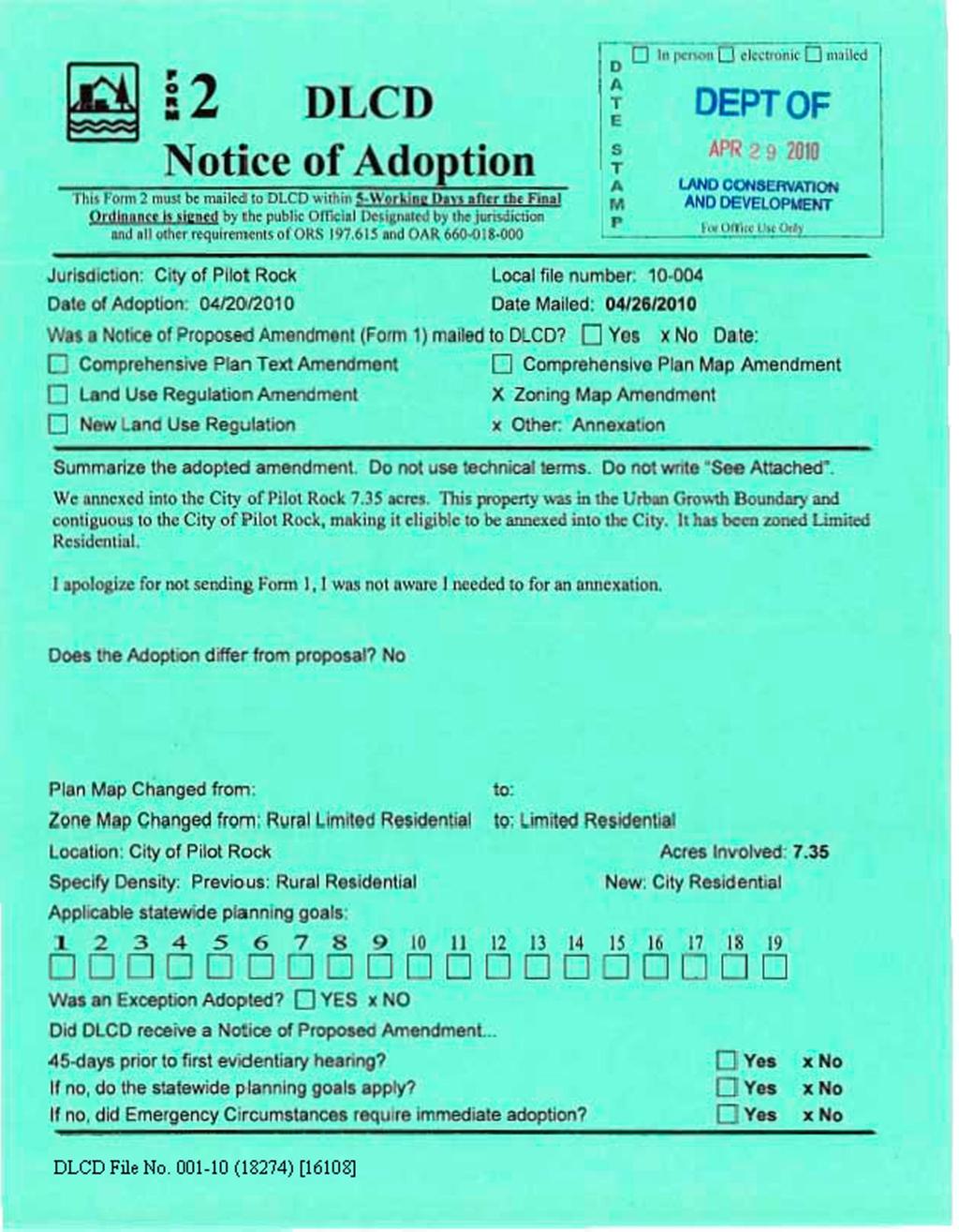 s 2 DLCD Notice of Adoption Thii Form 2 must be mailed to DLCD within 5-Working t>»v> afitr the Final Ordlminct sinned by the public Official DcHgnnin) by the jumdiction and all other requirements of