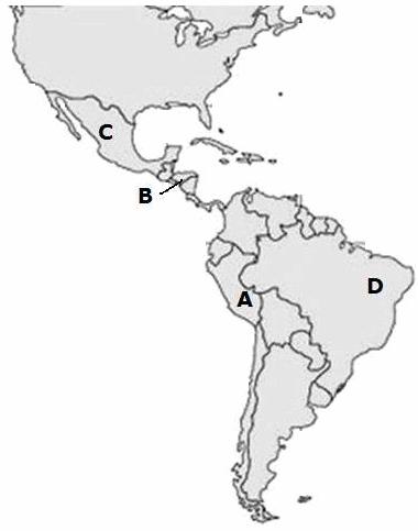Look at the map below and answer the following question(s). (Question 32) 32 Which letter on the map represents the area where the Mayan empire arose during AD 250 to 900?