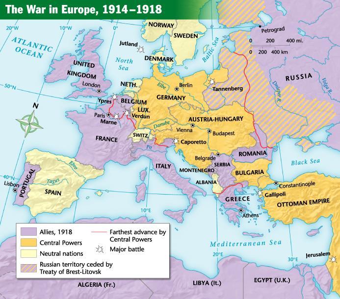 The War in Europe, 1914 1918 When Austria-Hungary declared war on Serbia, the