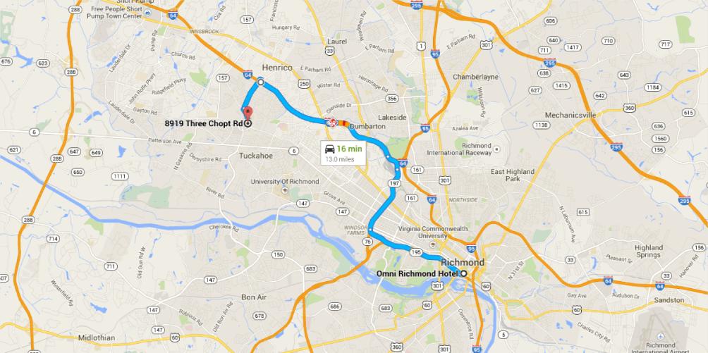 Directions from Omni Richmond Hotel to 8919 Three Chopt Rd Omni Richmond Hotel 100 South 12th Street, Richmond, VA 23219 Get on VA-195 W/Downtown Expy0.1 mi / 25 s 1.