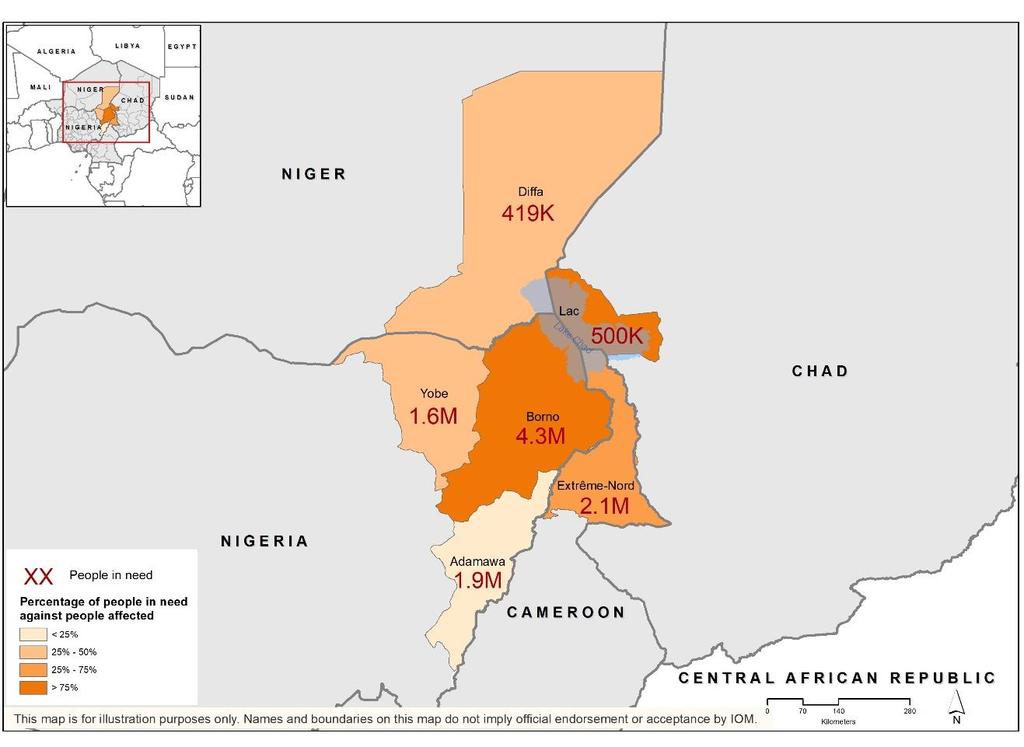 Map: People in need in affected areas 15 Cameroon, Niger, and Chad are equally experiencing high levels of displacement, including hosting 231,504 16 Nigerian refugees, as well as 638,843 IDPs and