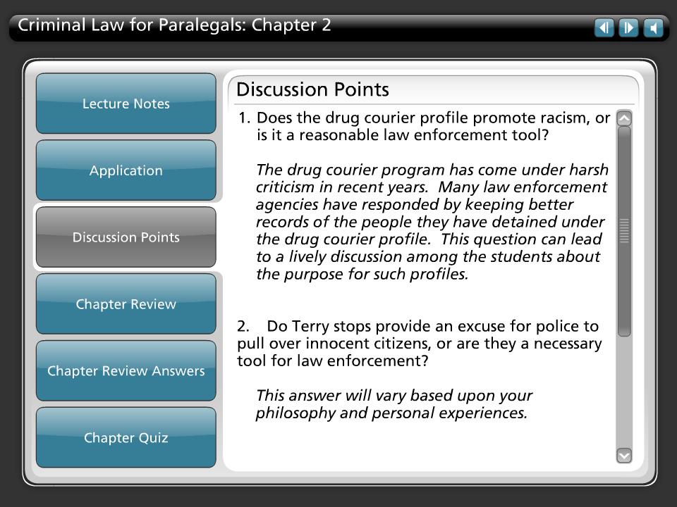Discussion Points Tab Text 1. Does the drug courier profile promote racism, or is it a reasonable law enforcement tool? The drug courier program has come under harsh criticism in recent years.