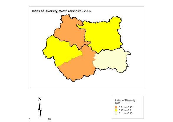 Map 4 Index of diversity, West Yorkshire districts, 2006 Examining the projected change in ethnic group location quotients and diversity by 2031, a number of points can be noted.
