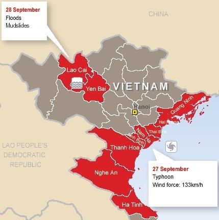The situation A map showing part of Vietnam. The provinces coloured red were affected by Typhoon Damrey.