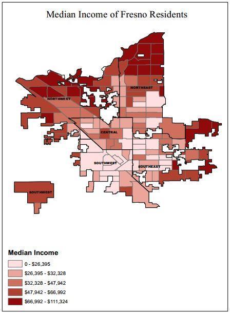 The highest concentration of White residents are located in north Fresno, with many blocks having two-thirds or more, between 80-100%, of their residents identifying as being non-hispanic Whites.